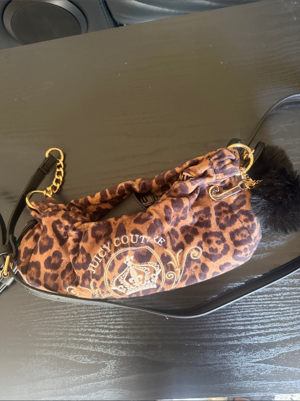 Juicy Couture Leopard Print Mini Shoulder Bag with Black Pom